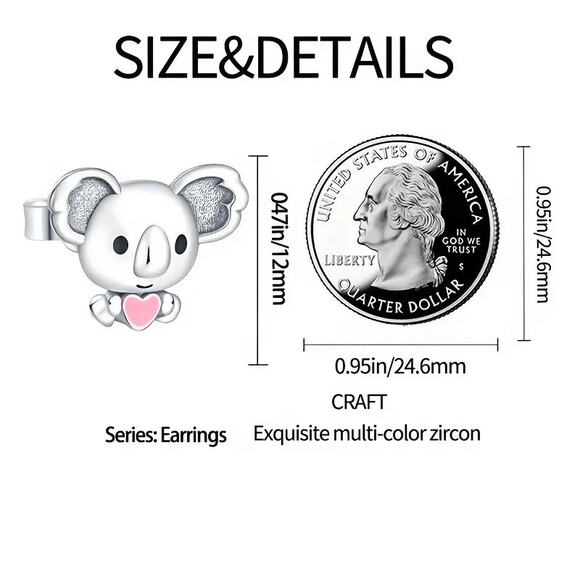 Sterling Silver‎ Koala Bear Stud Earrings with Pink Heart - S925 - Picture 5 of 5
